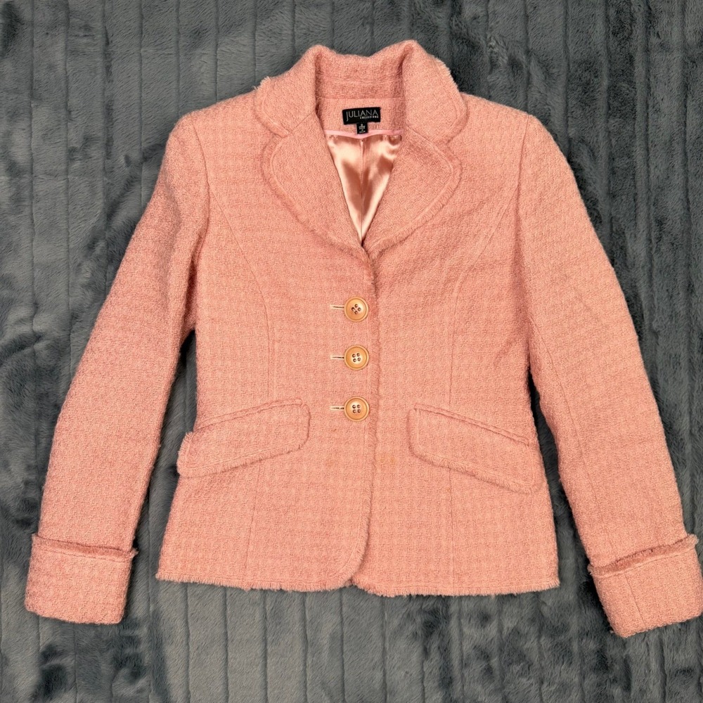 Juliana Collezione Pink Wool Blend Tweed Blazer Jacket Frayed Trim Size 0
